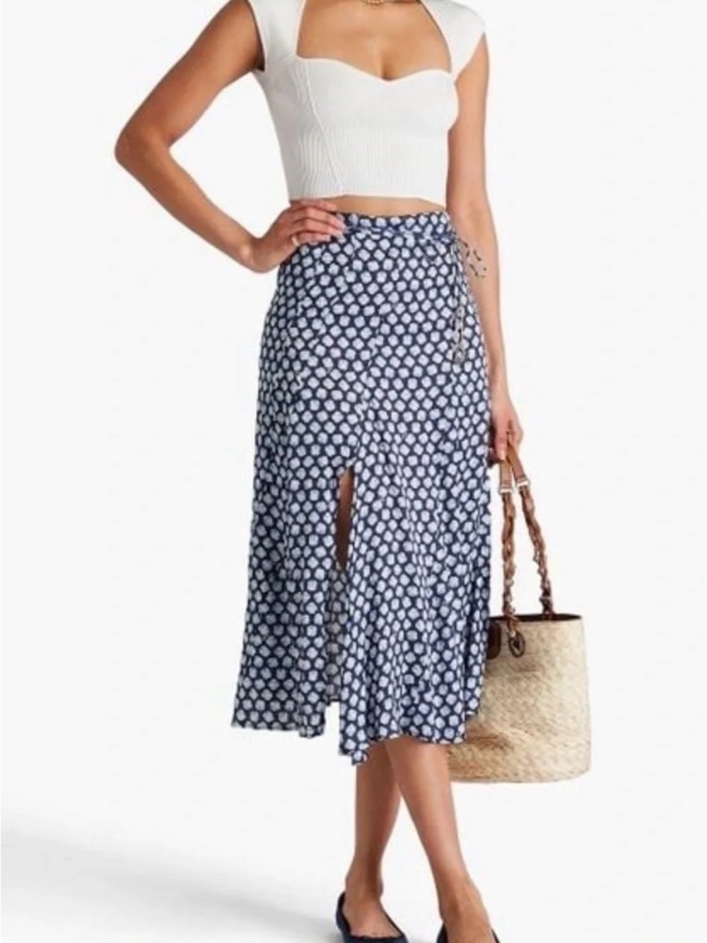 Maje Blue Floral Midi Skirt with Front Slit